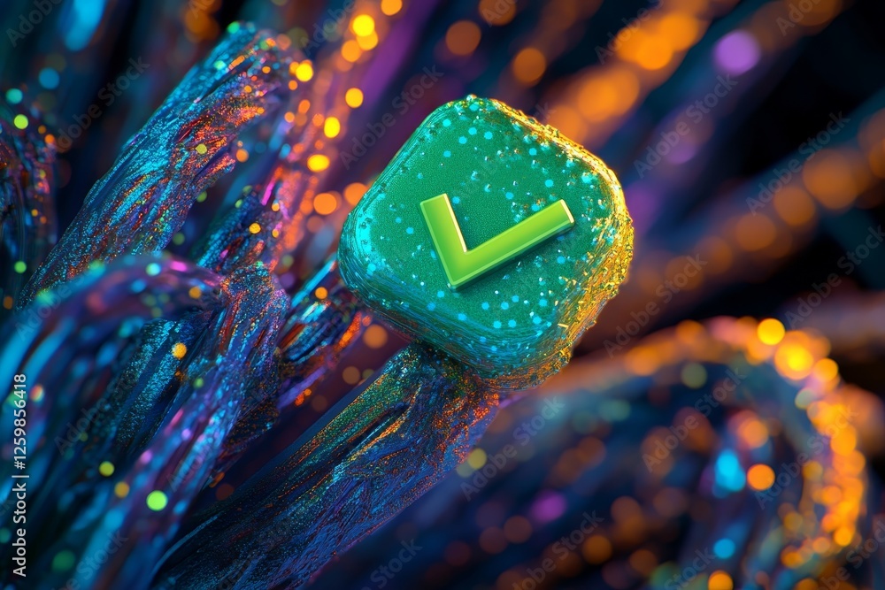 Poster vibrant light patterns form a dynamic background for a radiant green checkmark that represents appro