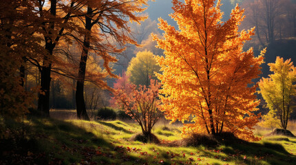 Vibrant autumn foliage in a serene forest showcasing colorful leaves and soft sunlight around midday
