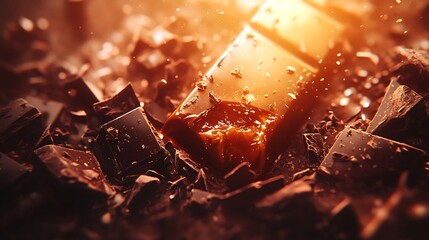Macro shot of a chocolate bar cracking apart, its velvety caramel center shimmering under soft golden light, glossy chocolate shards surrounding the break, hyper-realistic and ultra-detailed textures,
