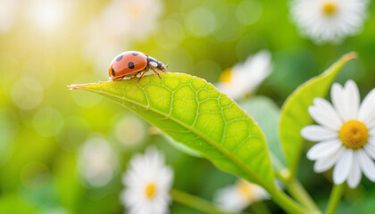 Obraz premium Ladybug resting on a green leaf in spring, nature's vibrancy