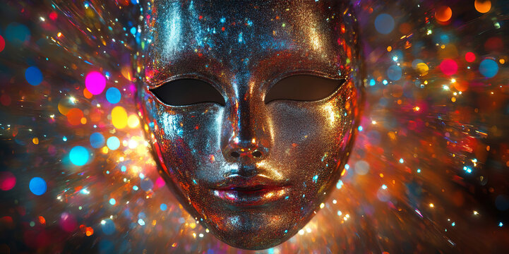 An elegant carnival mask with shimmering holographic effects rests against a backdrop of colorful bokeh lights, exuding mystery, festivity, and sophistication in a vibrant composition.