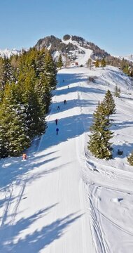 Aerial drone view of Col dei Baldi, Alleghe, in the Dolomites, Italy in daylight. Vertical