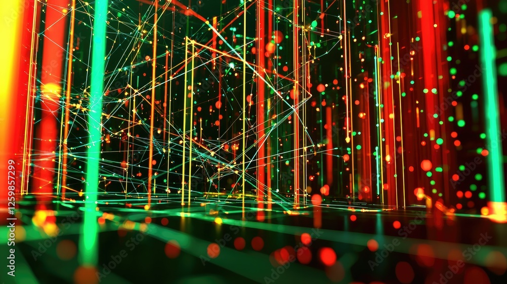 Poster artistic representation of a connected world with data transmission lines forming a digital web.