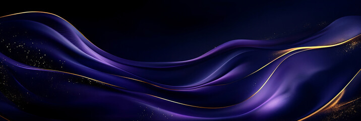 A dark purple background with flowing golden lines and silky textures creates an elegant abstract scene, with swirling patterns adding depth and sophistication.