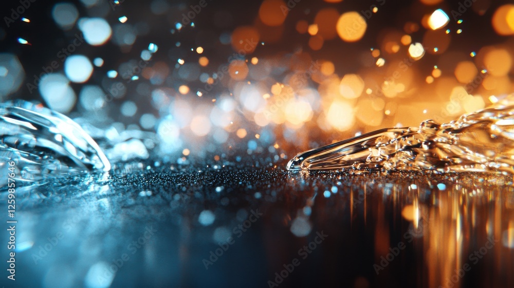 Poster splashing and glowing water droplets creating dynamic and luminous abstract background