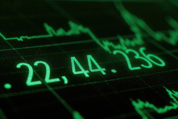Fototapeta premium Green financial data screen, black background, raster scan lines, glowing green numbers