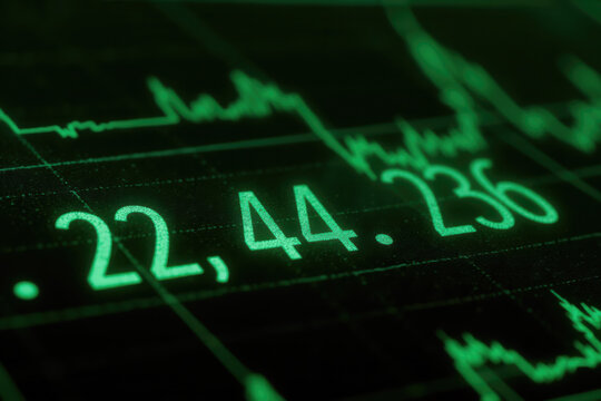  Green financial data screen, black background, raster scan lines, glowing green numbers
