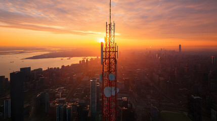 Aerial Sunrise Cityscape with Communication Tower