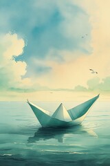 Obraz premium A small paper boat floats gently on the vast, endless ocean. Its delicate, creased edges catch the sunlight as the boat drifts on the calm water, surrounded by the endless expanse of blue. The ocean s