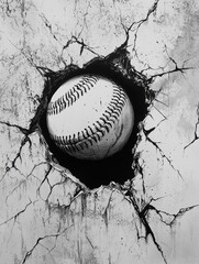  a black and white baseball in the center of a crack in a wall The ball is clearly visible, with its distinct shape and texture