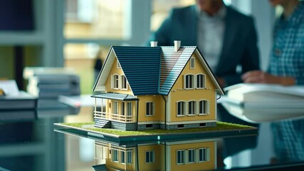A detailed architectural model of a cozy yellow house sits on a conference table, surrounded by blurred figures engaged in discussion, symbolizing real estate planning and teamwork.
