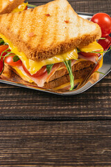 Delicious grilled cheese sandwich with ham and fresh vegetables served warm