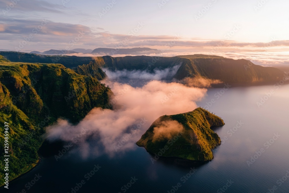 Poster Lush island peak with clouds rising from the water at sunrise travel background