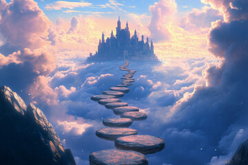 Obraz premium Majestic castle in the clouds with a pathway of stones under a bright blue sky