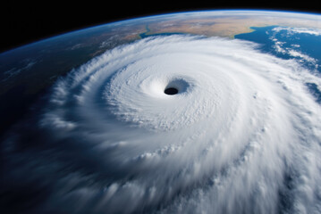 Hurricane detail from orbiting satellite, rotating clouds, earth below, natural sunlight.