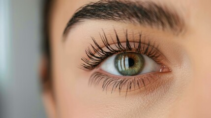 Obraz premium A dramatic close-up of a woman's eyelashes, emphasizing the volumizing and lengthening effects of mascara. 