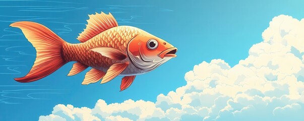 Fototapeta premium A fish swimming in the sky representing breaking boundaries flat design front view surreal theme cartoon drawing Complementary Color Scheme