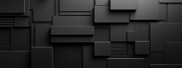 Abstract minimalist wallpaper with symmetrical geometric patterns and motifs on black background. Featuring white space in the center for text, ideal for design templates and modern banners.