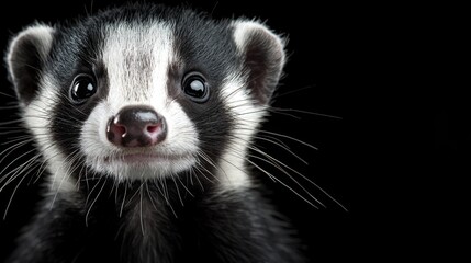 Obraz premium a black and white badger looking at the camera against a black background