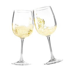 Glasses of splashing wine isolated on white