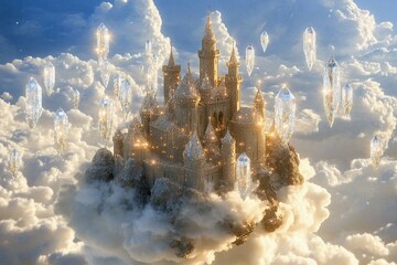 Fototapeta premium Majestic floating crystal castle surrounded by clouds and stars in a magical landscape
