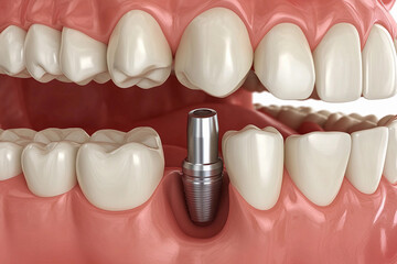 Dental implants displayed in a model of a human jaw demonstrating oral health and restoration procedures