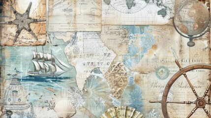 Marine background with old map, steering wheel, seashells and compass