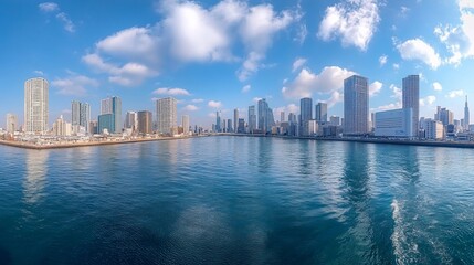 Fototapeta premium Panoramic view of a modern cityscape with high-rise buildings against a blue sky with clouds and water