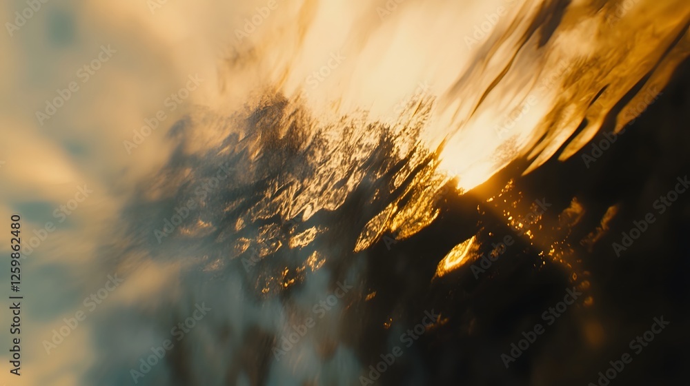 Poster blurred dynamic motion and intense fiery light bursting across an abstract natural landscape scene a
