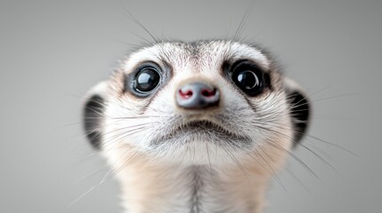 Fototapeta premium a close up of a meerkat looking up at the camera with its white, black and brown fur standing out against a grey background