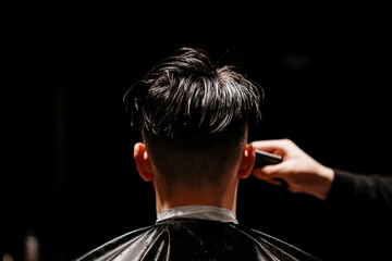 Haircut being given to a man in barber shop with dark background. Lifestyle