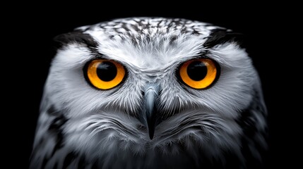 Fototapeta premium a white owl with yellow eyes against a black background Its feathers are a stark contrast to the dark background, creating a striking visual