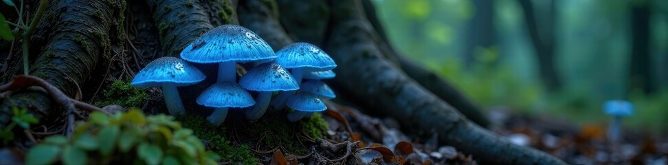 Fototapeta premium Glowing blue mushrooms growing on the roots of an ancient tree, decay, woods