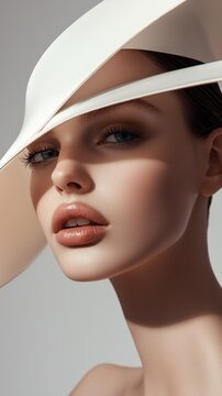 Captivating portrait of a model with an asymmetrical hat highlighting contemporary elegance and beauty