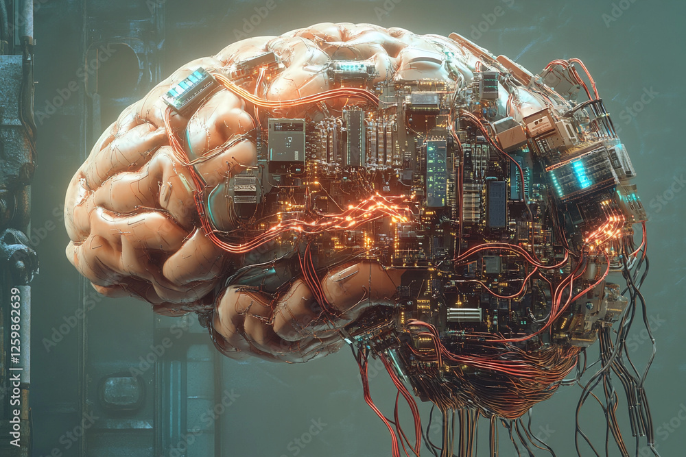 Fototapete futuristic brain design featuring circuit board elements merging technology with organic structure