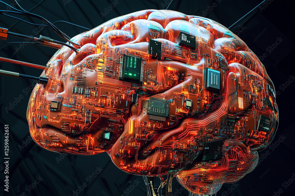 Fototapete futuristic brain design featuring circuit board elements merging technology with organic structure