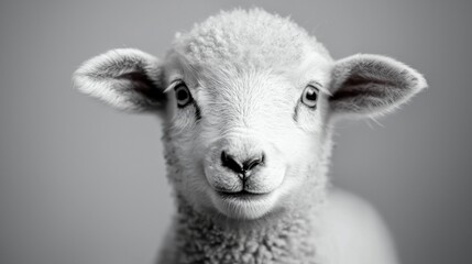 Obraz premium a black and white photo of a baby lamb looking at the camera with a blurred background