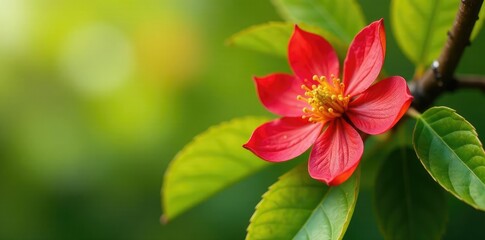 Obraz premium Red guava blossom on a branch with yellow leaves, tree, nature
