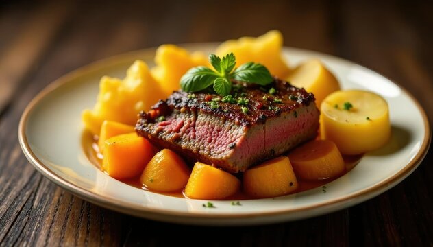 Roasted parmentier made with tender beef, crispy roasted pumpkin, and fluffy boiled potatoes, dish, pumpkin