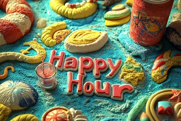 Naklejka premium Vibrant summer decorations and tropical cocktails on a beach with sand during happy hour