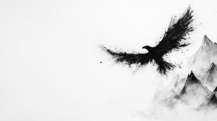 Obraz premium a black and white painting of a bird flying over a mountain range, with a white background The bird appears to be a raven, with its wings spread wide and its head