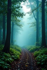 Obraz premium Serene forest scene with a subtle layer of fog, misty, foliage, foggy