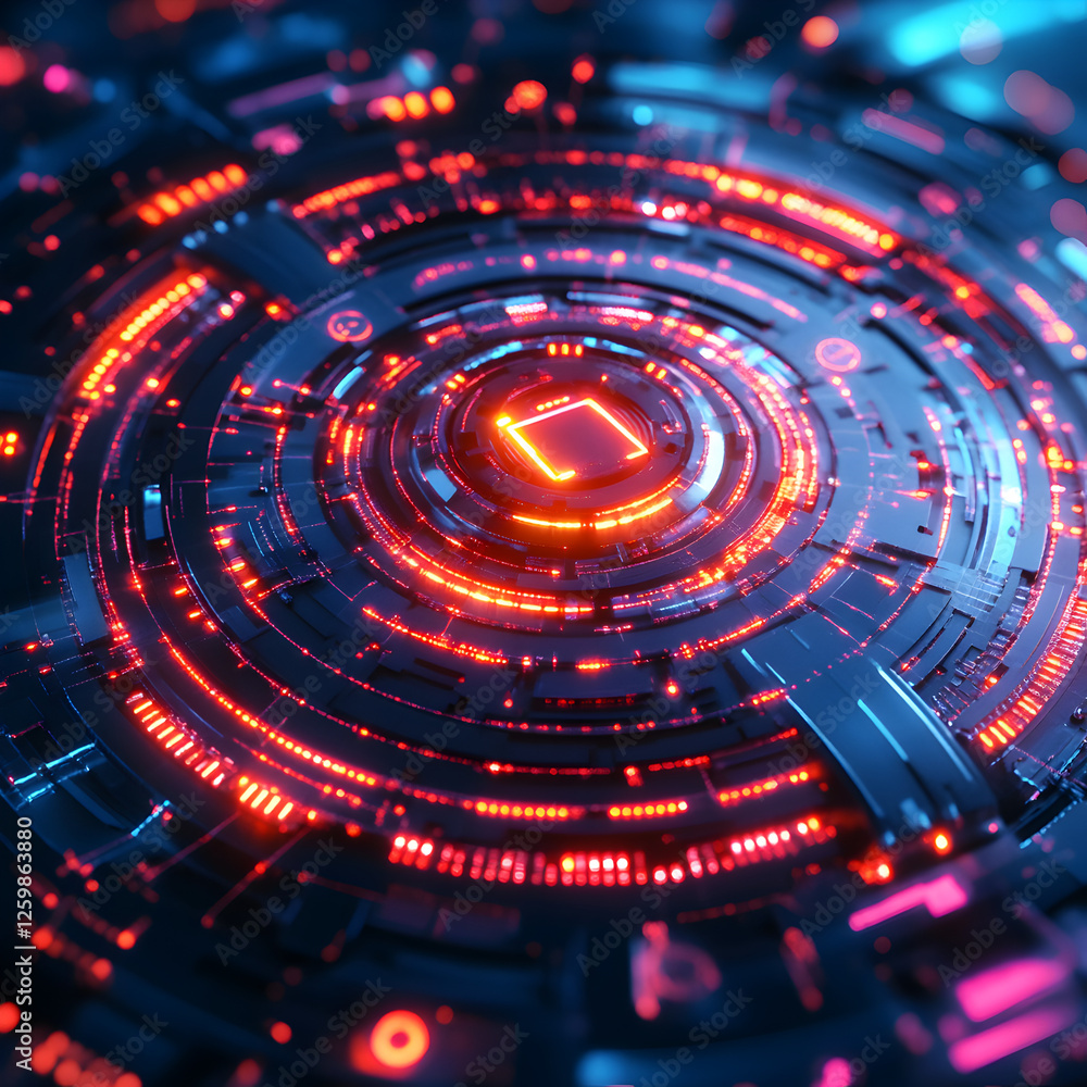 Poster abstract futuristic tech: a mesmerizing close-up of a technological circuit board, illuminated by vi