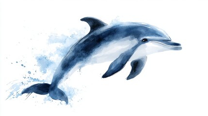 Fototapeta premium a watercolor painting of a dolphin jumping out of the water against a white background The dolphin is painted in a realistic style, with its fins and tail visible
