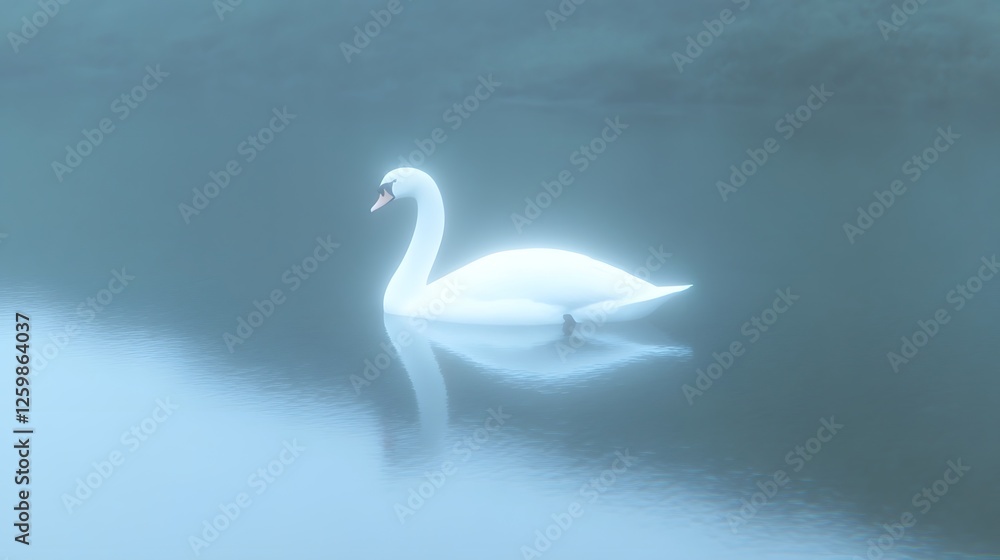 Poster ethereal swan floating on misty lake with serene reflection a tranquil moody and mystical scene of a