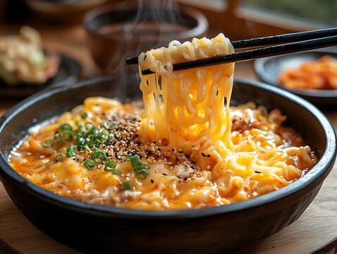 A close-up of cheesy ramyeon being lifted with chopsticks, the gooey cheese stretching between the bowl and utensils, placed in a warm, home-style dining setting with space for promotional text