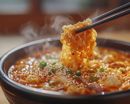 A close-up of chopsticks lifting a portion of springy noodles from a steaming bowl of ramyeon, with a blurred warm background, leaving space for text overlay