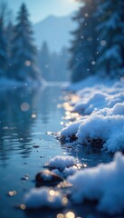 Sparkling snowflakes falling on frozen lake shore, falling, shore