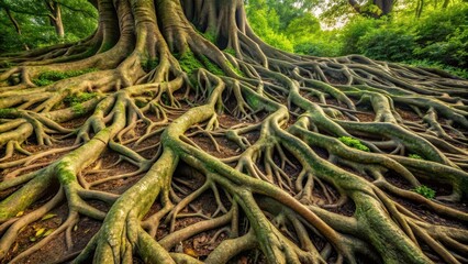 Fototapeta premium Dense network of tree roots spreading across the surface, leafy branches, root system