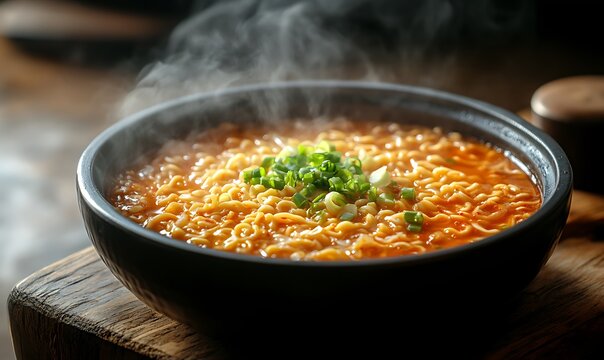 A traditional Korean street food setting with a steaming pot of ramyeon on a wooden counter, red broth bubbling with noodles and vegetables, leaving an empty section for advertising text